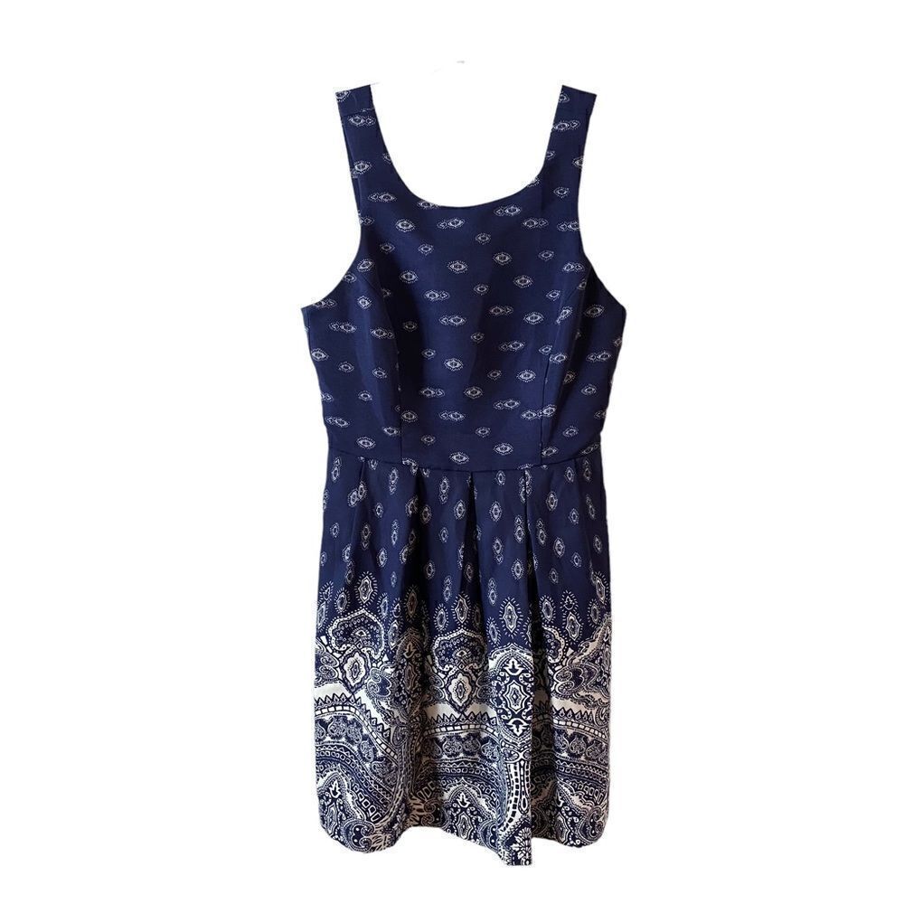 Teeze Me tank style navy blue & white a-line paisley dress